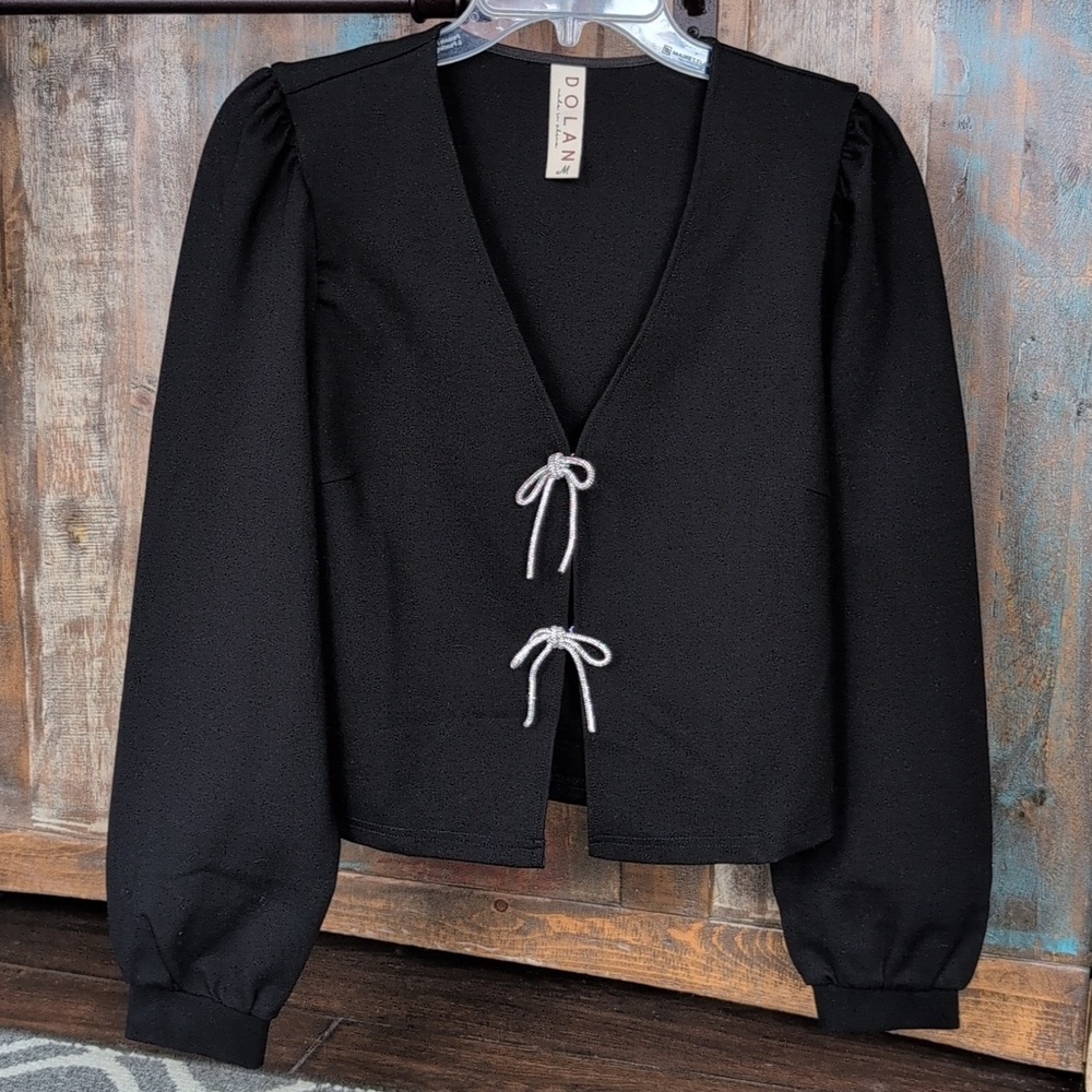 Dolan Black Left Coast Rhinestone Bow-Front Cardigan Top - Women's Medium - Picture 2 of 6